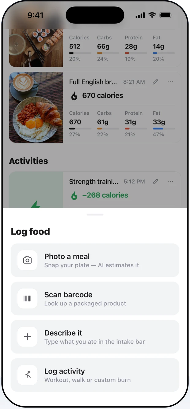 The Joules food diary with logged meals and the log-food sheet open