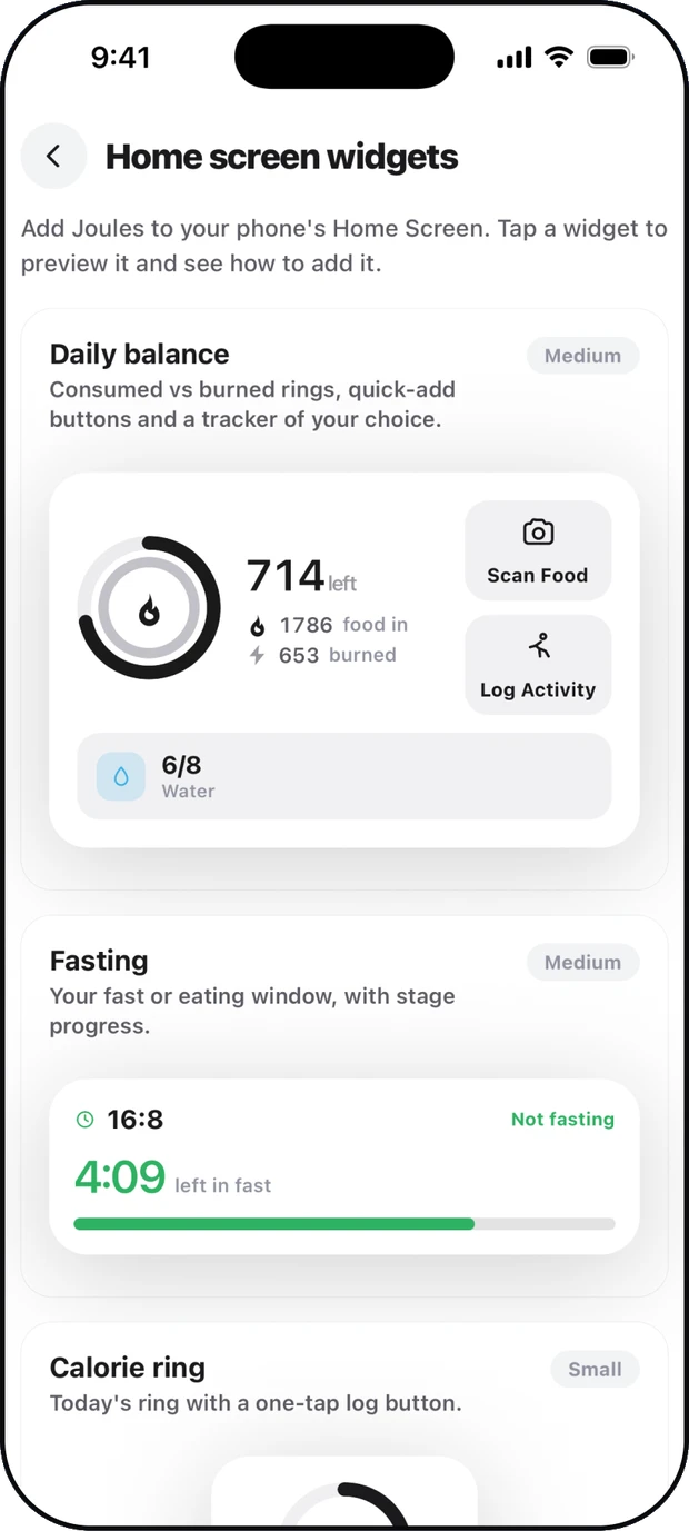 The Joules home-screen widgets: daily balance, fasting window and calorie ring